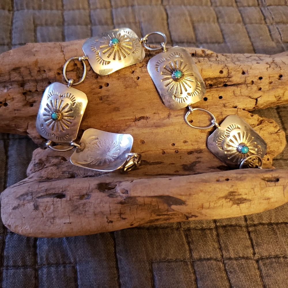 Sterling Silver Turquoise Concho Bracelet Native American - Picture 4 of 9